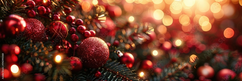 A festive arrangement featuring red ornaments and twinkling lights amidst evergreen branches. A festive arrangement featuring red ornaments and twinkling lights amidst evergreen branches.