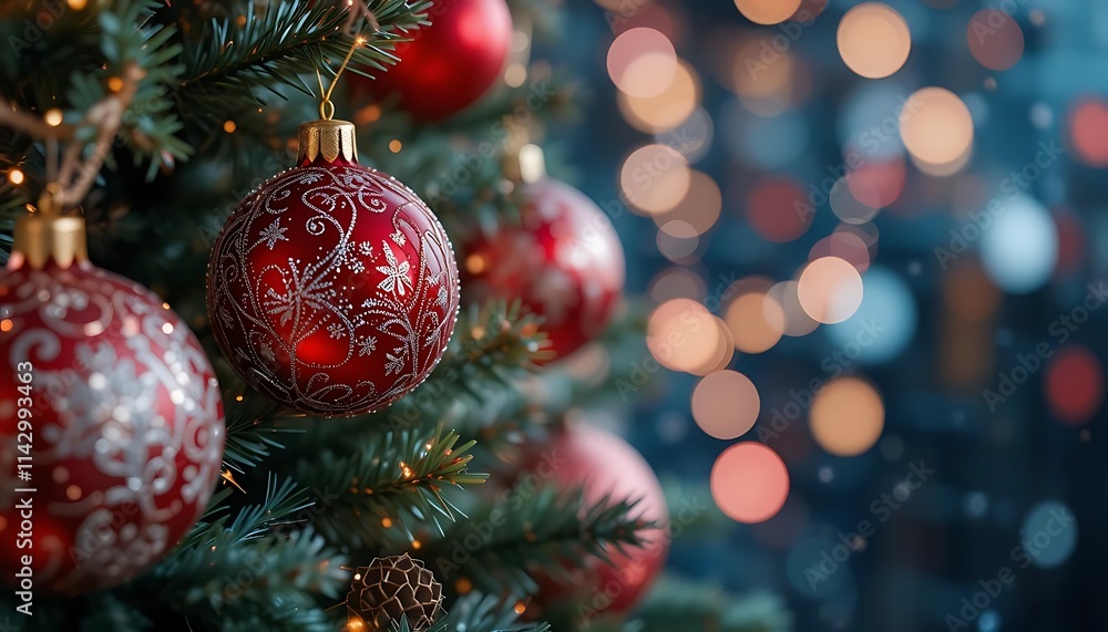 Banner or greeting card Christmas and New Year concept. Close up of red, white baubles on Christmas tree. Bokeh garlands in the background. Banner or greeting card Christmas and New Year concept. Close up of red, white baubles on Christmas tree. Bokeh garlands in the background.