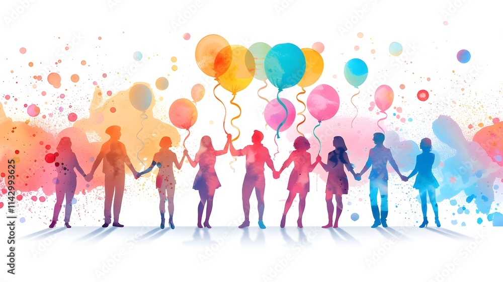 Watercolor silhouettes of diverse people holding hands with balloons and colorful splashes on a white background, Unity and celebration concept Watercolor silhouettes of diverse people holding hands with balloons and colorful splashes on a white background, Unity and celebration concept