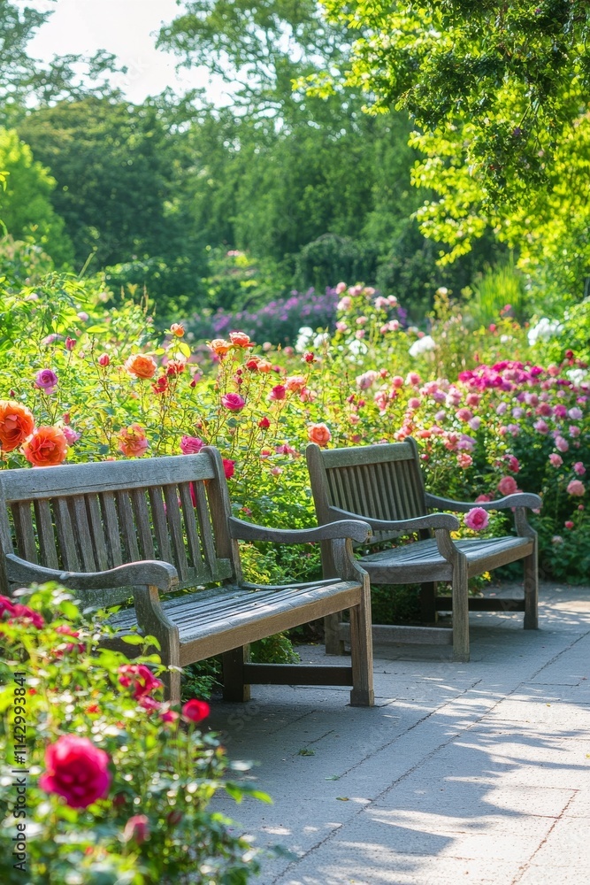 Obraz premium Benches surrounded by vibrant flowers in a serene garden on a sunny day