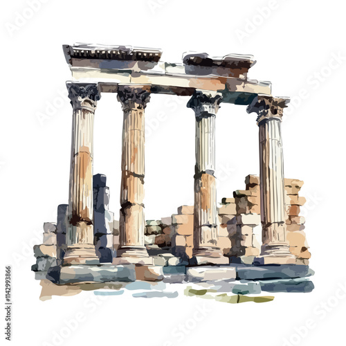 Ancient ruins watercolor illustration on transparent background