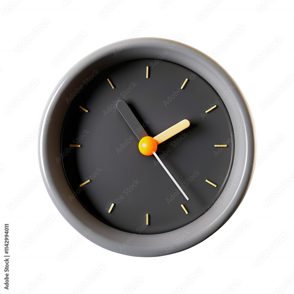 A stylish 3D representation of a modern wall clock with a minimalist design, featuring a sleek gray frame and vibrant yellow and orange hands. A stylish 3D representation of a modern wall clock with a minimalist design, featuring a sleek gray frame and vibrant yellow and orange hands.