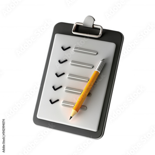 A modern 3D rendering of a clipboard filled with checkmarks and a yellow pencil, designed for task management and organization.