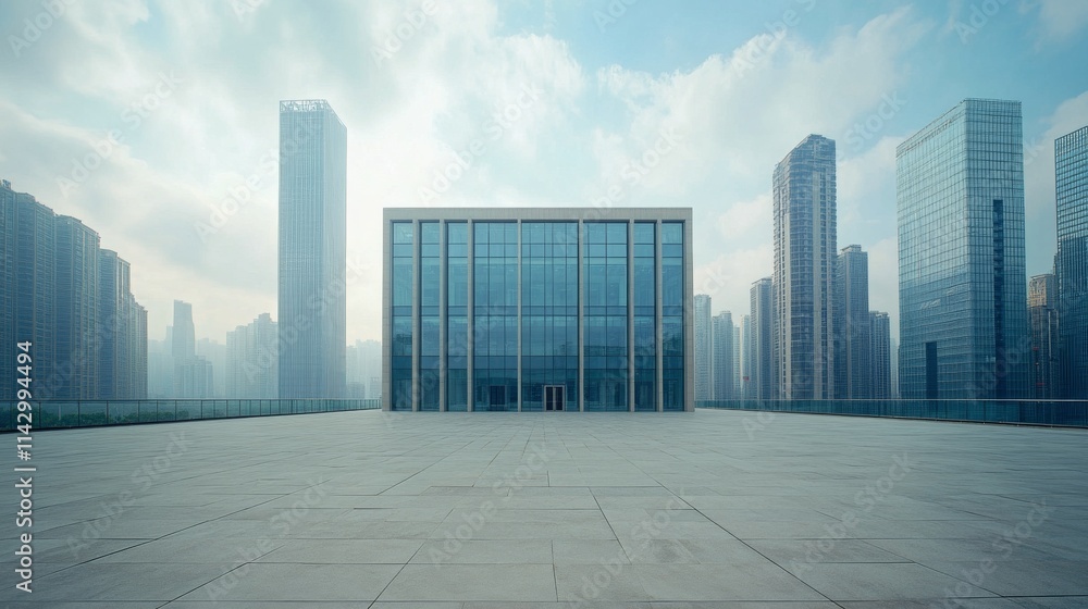 Fototapeta premium Modern glass structure in a foggy urban environment during early morning hours