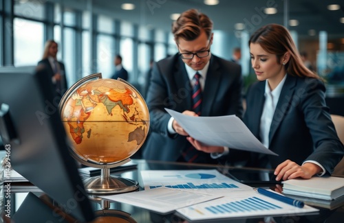 Business analysts review global investment portfolios. Team examines international financial analysis. Focused on performance, diversification strategies. Documents, charts on polished office table. photo