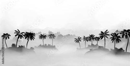 Vector archipelago hazy landscape. The group of little islands with palms and plants on it lost inside the fog in front of sea beach. Black and white sillhouete illustration
