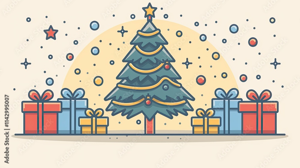 A festive illustration of a Christmas tree surrounded by colorful presents and snowflakes. A festive illustration of a Christmas tree surrounded by colorful presents and snowflakes.