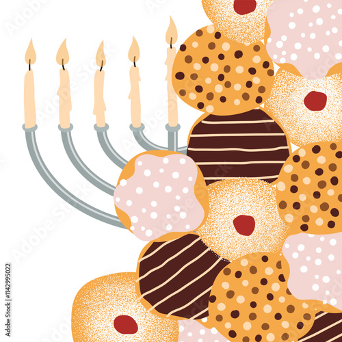 Happy Holiday of Hanukkah, Jewish Holiday of Light. Greeting card with traditional candleholder, chanukia, with burning wax candles, and a bunch of sweet donuts. Square composition on white background