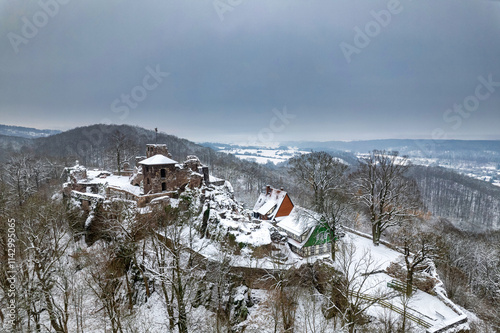 Obraz na płótnie Aerial view ruins of old castle. Winter. Ruin of Hohnstein Castle, Harz mountains, Germany. w salonie