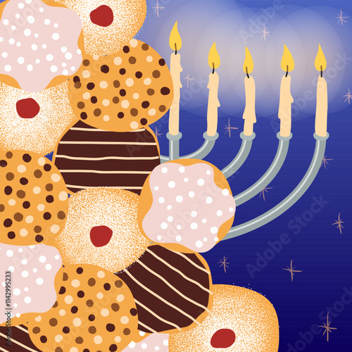 Happy Holiday of Hanukkah, Jewish Holiday of Light. Greeting card with traditional candleholder with burning candles, and a bunch of sweet donuts. Square composition on a dark blue night background