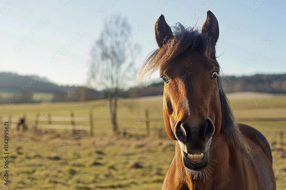 Obraz premium Horses grazing on a tranquil farm with lush fields and a rustic barn in view
