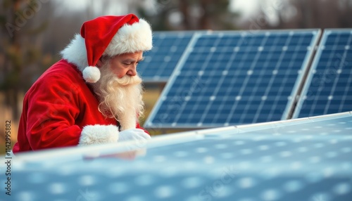 Santa Claus examines solar panels outdoors. Wears traditional red, white clothing. Scene blends holiday cheer with eco-friendliness. Santa focused on renewable energy. Festive image related to photo