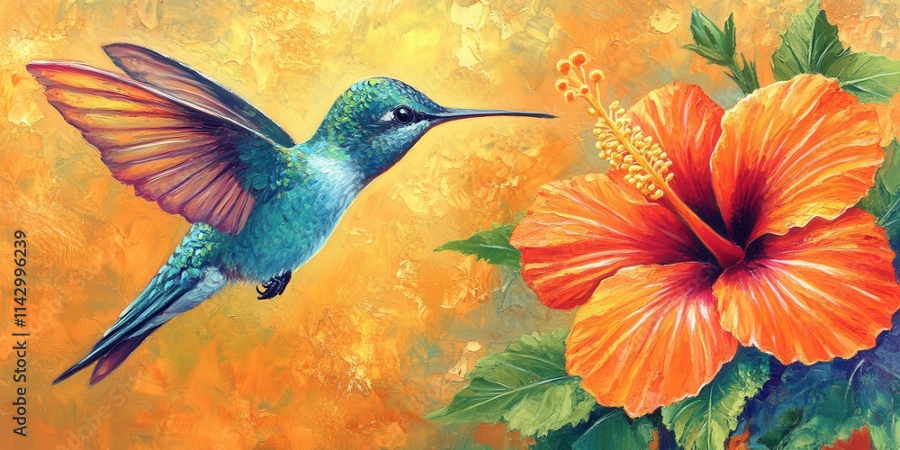 Fototapeta premium A vibrant hummingbird with iridescent feathers hovers next to an orange hibiscus flower against a warm, golden background depicting a tropical atmosphere. Generative AI