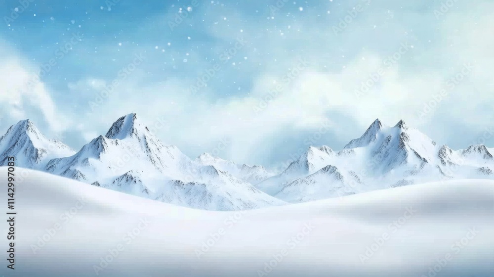 Majestic snow-covered mountains under a cloudy sky, with snowflakes gently falling in the foreground Majestic snow-covered mountains under a cloudy sky, with snowflakes gently falling in the foreground