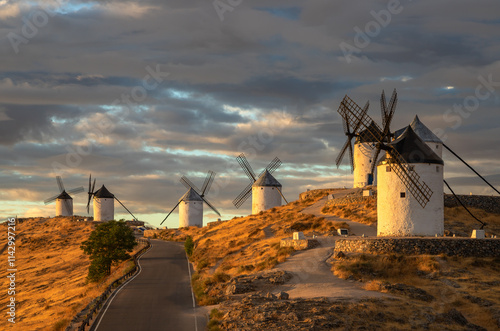 Beautiful exposure of the Windmills of Consuegra at Sunrise located on Castilla-La Mancha, Spain.