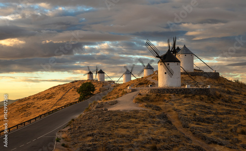 Beautiful exposure of the Windmills of Consuegra at Sunrise located on Castilla-La Mancha, Spain.