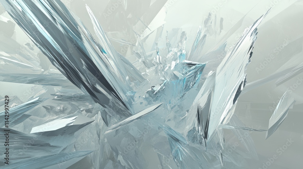 Obraz premium Sharp, angular fragments of icy white, frosty silver, and pale blue forming intricate crystalline patterns, resembling shattered frozen surfaces and fractured glass with a delicate yet powerful textur