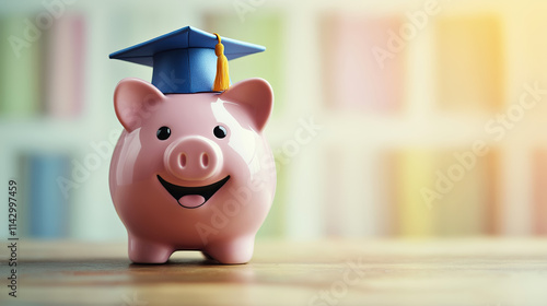 A Piggy Bank With An Academic Cap On Top Standing On The Left Side, Symbolizing The Cost Of Education And College.