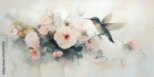 A hummingbird flits gracefully near pink blossoms, surrounded by a gentle, pastel background that enhances the serene atmosphere of nature. Generative AI