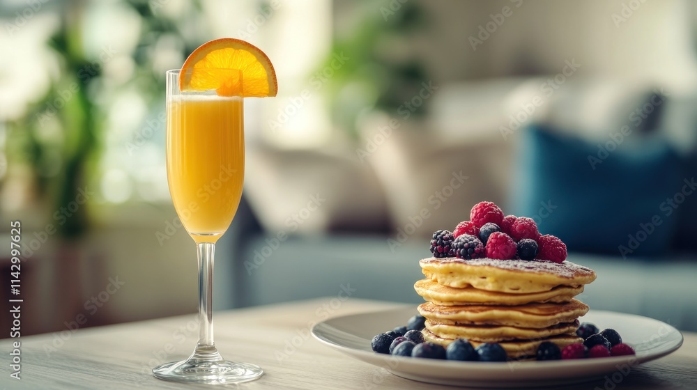 Delicious pancakes with berries and orange juice mimosa for breakfast. Delicious pancakes with berries and orange juice mimosa for breakfast.