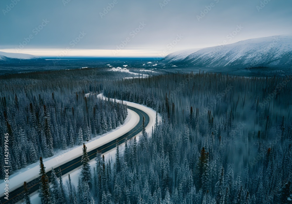 snow covered road in middle of forest, north, canada snow covered road in middle of forest, north, canada