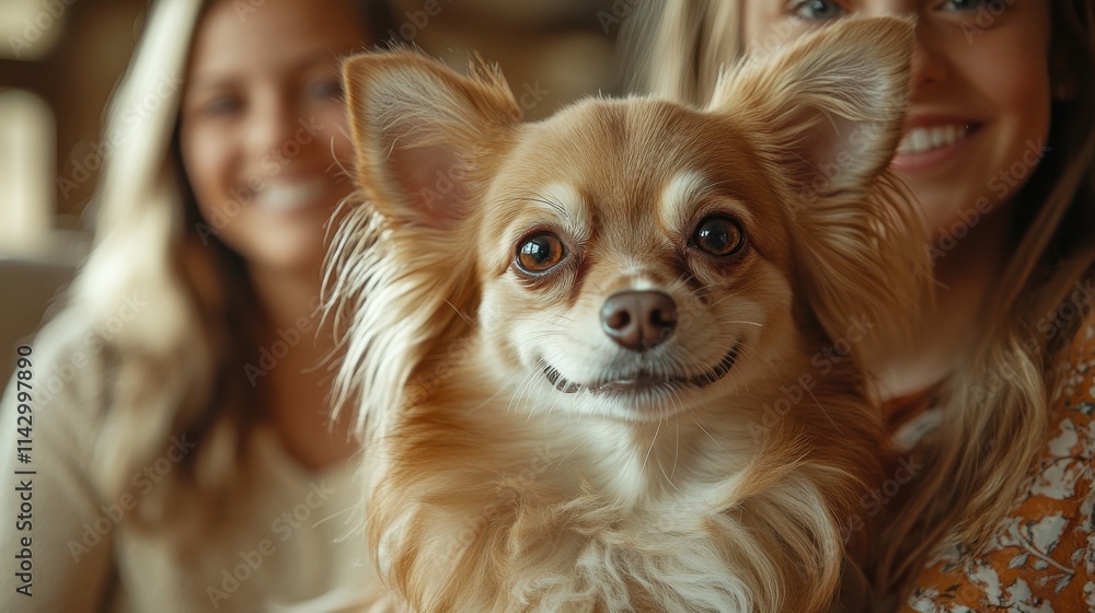 Cozy family scene featuring Chihuahua with young girl and parents Cozy family scene featuring Chihuahua with young girl and parents