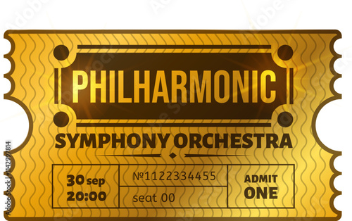 Golden ticket granting access to an exclusive Philharmonic Symphony Orchestra concert on September 30th at 8 PM, featuring seat number 00 for one fortunate attendee