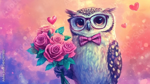 A charming owl dressed in glasses and a bowtie proudly presents a vibrant bouquet of roses amidst a whimsical, colorful background filled with hearts. Generative AI photo