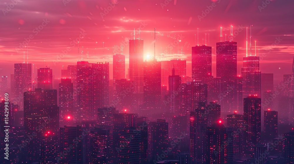 Fototapeta premium A futuristic cityscape bathed in pink and red hues, showcasing digital elements and skyscrapers.