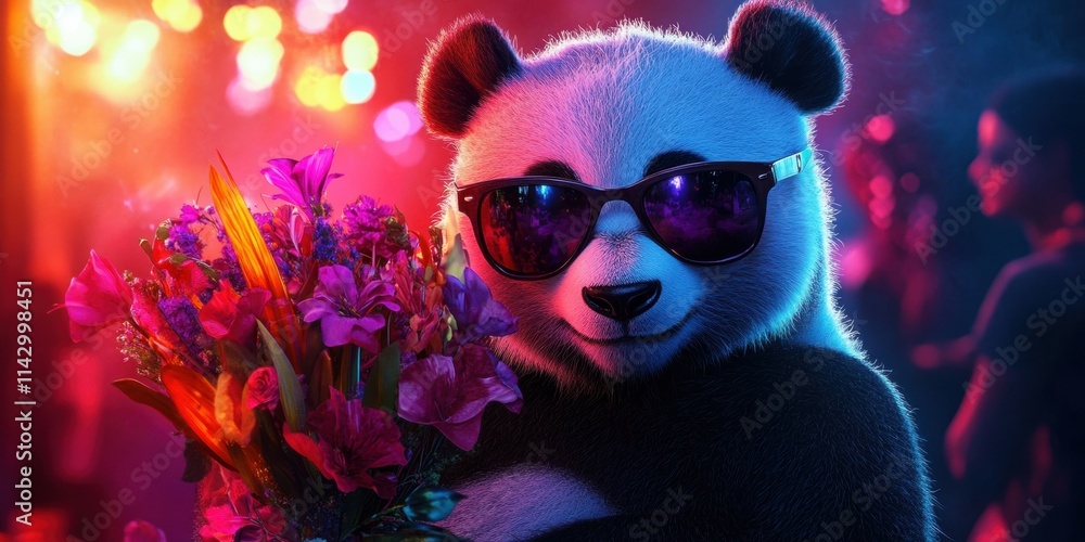Fototapeta premium A panda in sunglasses stands confidently with a bouquet of colorful flowers at a vibrant, energetic party filled with bright lights and lively atmosphere. Generative AI
