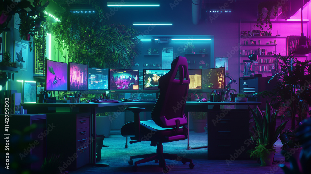 Realistic Office Background with Magenta and Green Accents Realistic Office Background with Magenta and Green Accents