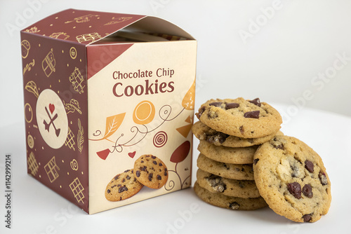 A box of chocolate chip cookies with several cookies stacked beside it, showcasing a delicious treat perfect for snacking or sharing.