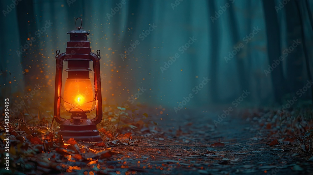 A glowing lantern illuminates a misty forest path, creating a mysterious atmosphere. A glowing lantern illuminates a misty forest path, creating a mysterious atmosphere.