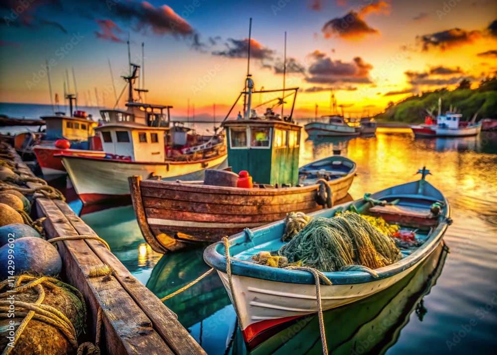 Fototapeta premium Vintage Fishing Boats, Old Wooden Boats, High Resolution, Deep Depth of Field, Nautical Photography, Classic Fishing Vessels, Ocean Boats, Seascape, Harbor, Coastal Scene, Retro Fishing