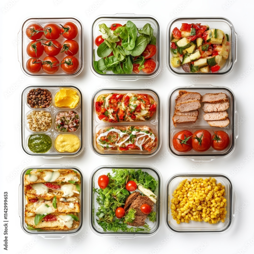 Different delicious meals in containers isolated on white, top view. Healthy diet --v 6.1 Job ID: 0f20cdd2-a21a-4f08-9c16-74df4ca701f1 Different delicious meals in containers isolated on white, top view. Healthy diet --v 6.1 Job ID: 0f20cdd2-a21a-4f08-9c16-74df4ca701f1