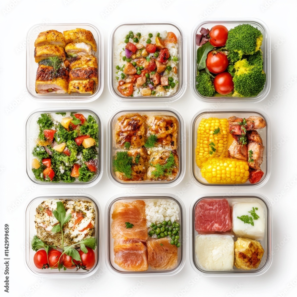 Different delicious meals in containers isolated on white, top view. Healthy diet --v 6.1 Job ID: 0f20cdd2-a21a-4f08-9c16-74df4ca701f1 Different delicious meals in containers isolated on white, top view. Healthy diet --v 6.1 Job ID: 0f20cdd2-a21a-4f08-9c16-74df4ca701f1
