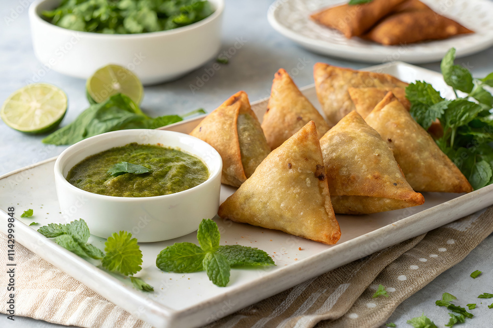 A delicious platter of crispy samosas served with mint chutney, garnished with fresh herbs and lime, perfect for any snack or appetizer. A delicious platter of crispy samosas served with mint chutney, garnished with fresh herbs and lime, perfect for any snack or appetizer.
