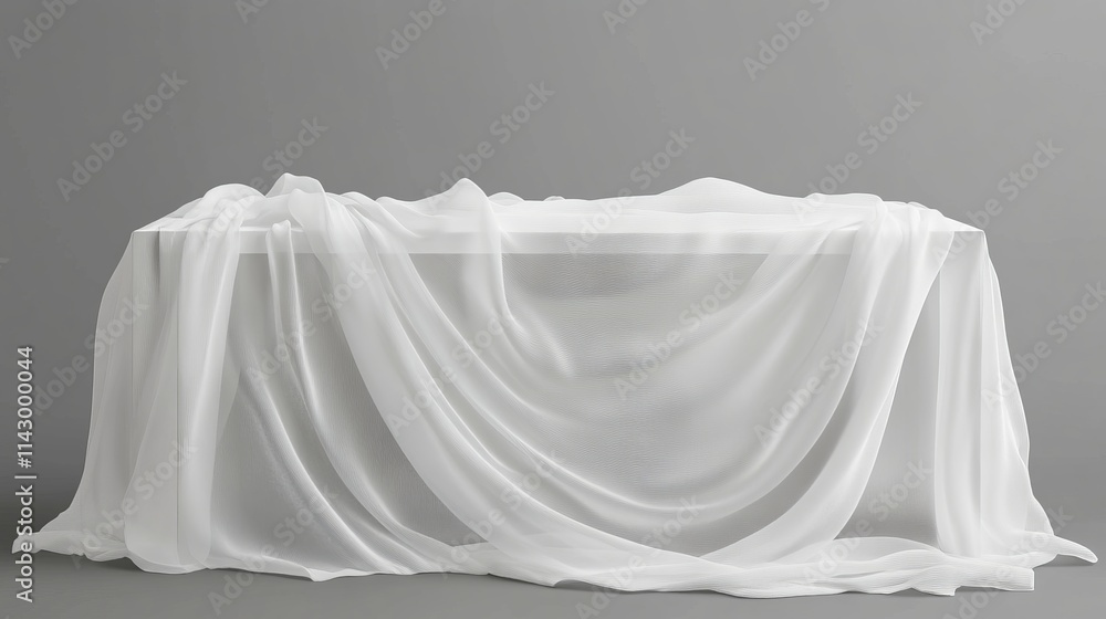 Flowing white fabric draped over a rectangular table, isolated on transparent background. Elegant for mockups, events. Flowing white fabric draped over a rectangular table, isolated on transparent background. Elegant for mockups, events.