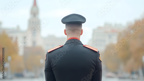 A military officer in uniform standing solemnly in a darkened setting, embodying strength, discipline, and honor, showcasing the respect and seriousness associated with military service.
 photo