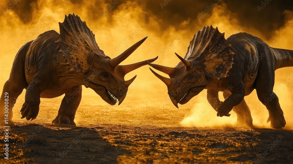 Fototapeta premium Two Triceratops dinosaurs face off in a fiery dust cloud.