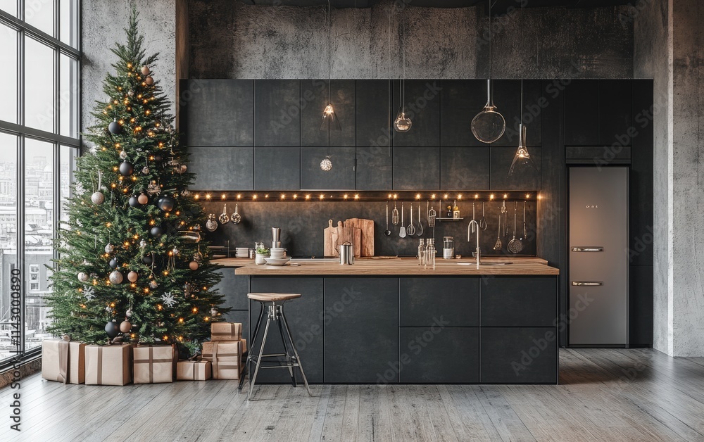 A contemporary loft-style kitchen with a tall Christmas tree adorned with monochrome ornaments and a string of soft white lights A contemporary loft-style kitchen with a tall Christmas tree adorned with monochrome ornaments and a string of soft white lights