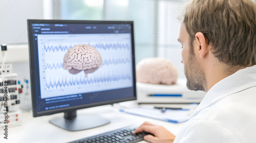 A scientist in a lab coat analyzing brainwave data on a computer screen, focused on research and scientific study, representing the cutting-edge technology and advancements in neuroscience and brain s A scientist in a lab coat analyzing brainwave data on a computer screen, focused on research and scientific study, representing the cutting-edge technology and advancements in neuroscience and brain s