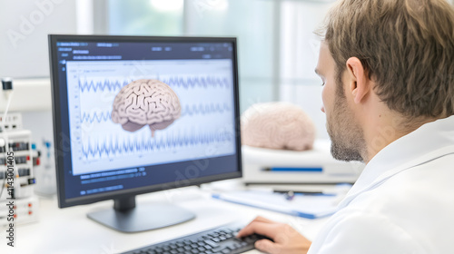 A scientist in a lab coat analyzing brainwave data on a computer screen, focused on research and scientific study, representing the cutting-edge technology and advancements in neuroscience and brain s