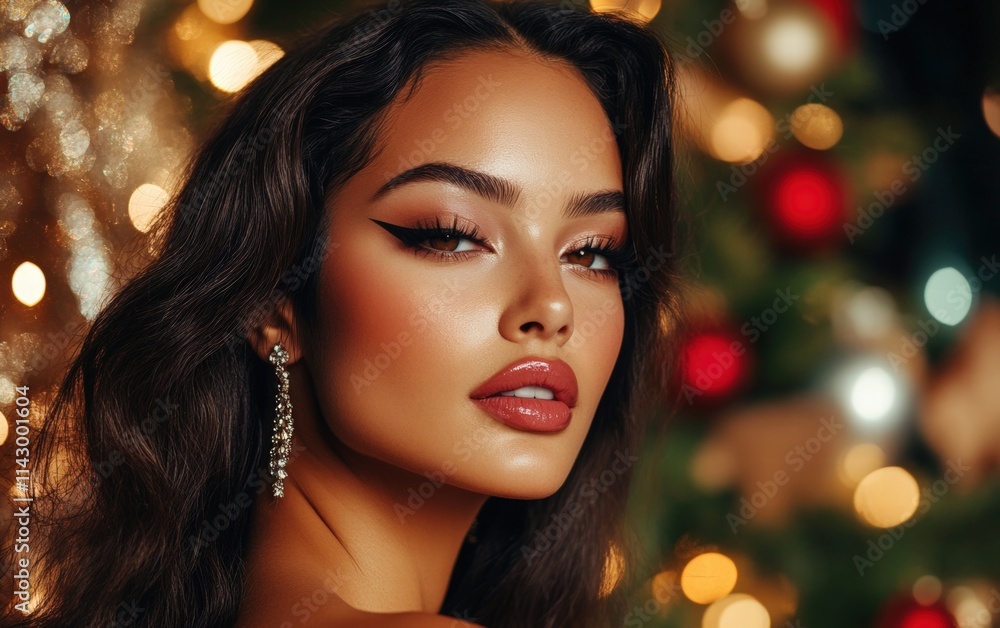 A fashionable Latina woman with bold cat-eye eyeliner, glossy pink lips, and glowing skin, standing near a modern holiday scene A fashionable Latina woman with bold cat-eye eyeliner, glossy pink lips, and glowing skin, standing near a modern holiday scene
