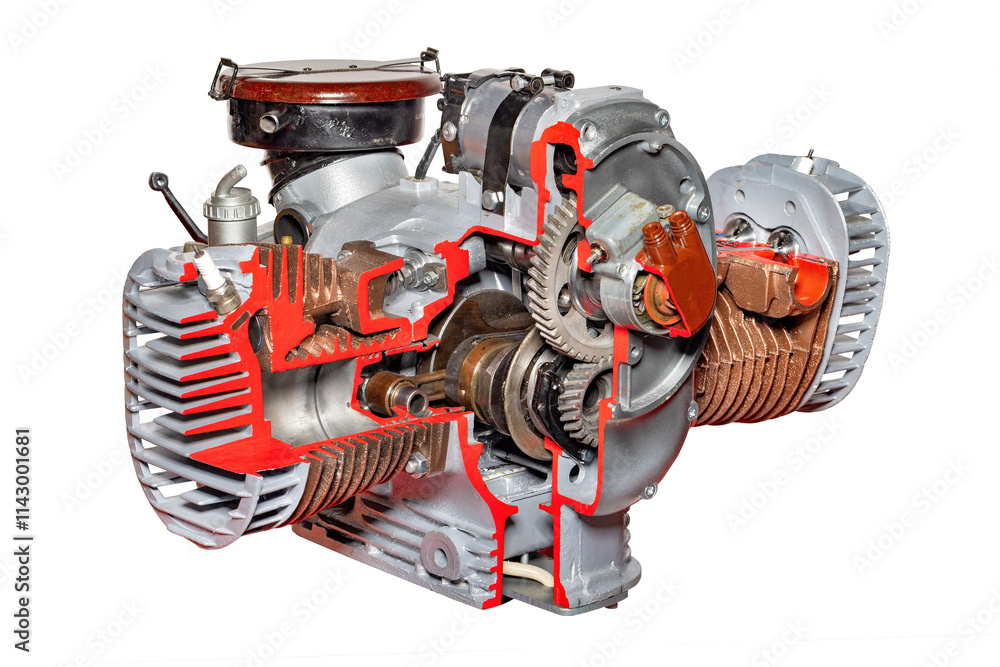 Exploring the intricate design of a classic two-stroke engine in detailed cross-section, isolated on white background.