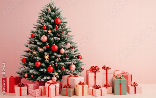 A festive Christmas tree with red and green ornaments, surrounded by brightly wrapped gifts on a pastel pink background