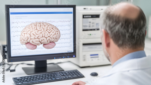 A scientist in a lab coat analyzing brainwave data on a computer screen, focused on research and scientific study, representing the cutting-edge technology and advancements in neuroscience and brain s photo