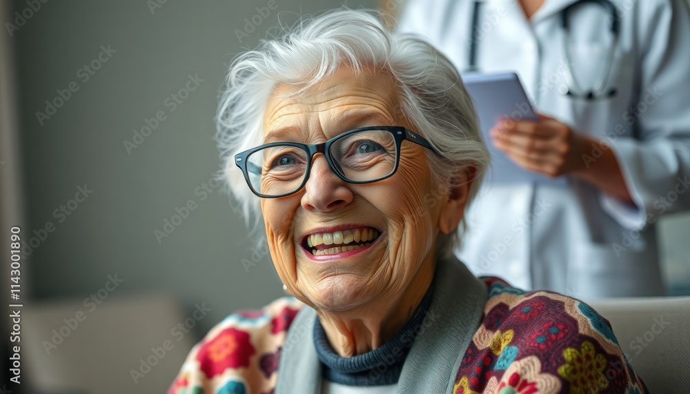 Elderly woman smiles warmly at medical pro in background. Positive interaction in healthcare setting. Happy senior enjoying care. Warm moment in clinic. Professional medical care. Health, wellbeing Elderly woman smiles warmly at medical pro in background. Positive interaction in healthcare setting. Happy senior enjoying care. Warm moment in clinic. Professional medical care. Health, wellbeing