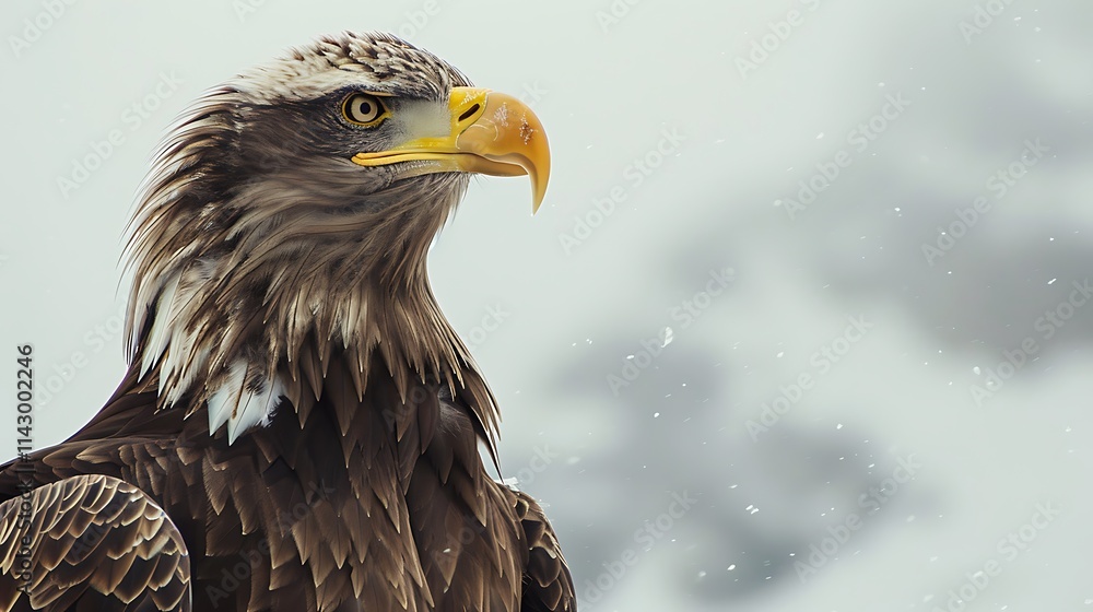 A majestic bald eagle with its wings slightly open on a white background A majestic bald eagle with its wings slightly open on a white background