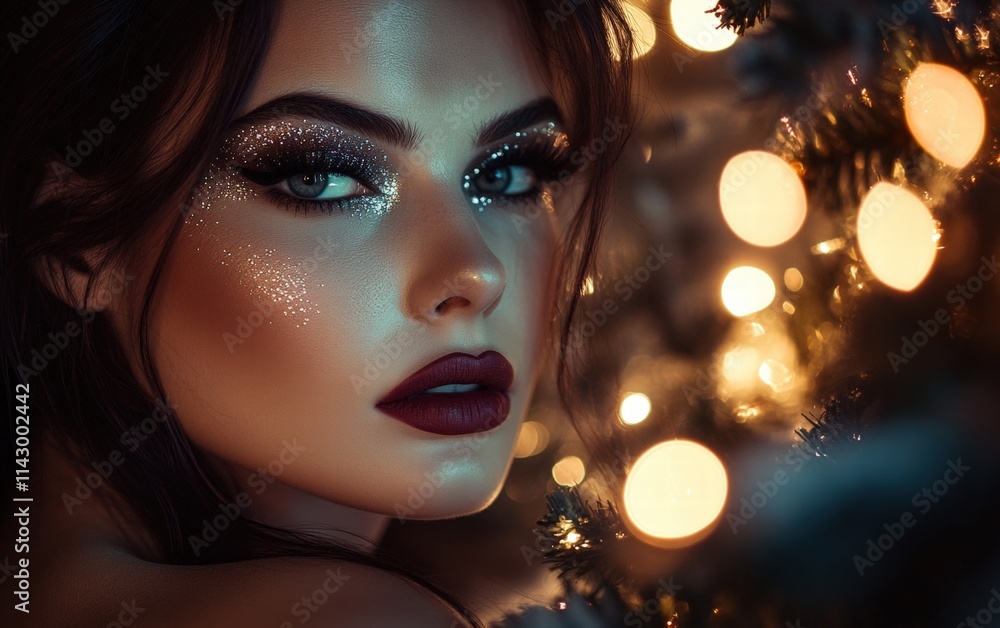 A glamorous woman with smoky black eyeliner, silver glitter eyeshadow, and matte burgundy lips, framed by a glowing Christmas tree in a cozy living room A glamorous woman with smoky black eyeliner, silver glitter eyeshadow, and matte burgundy lips, framed by a glowing Christmas tree in a cozy living room